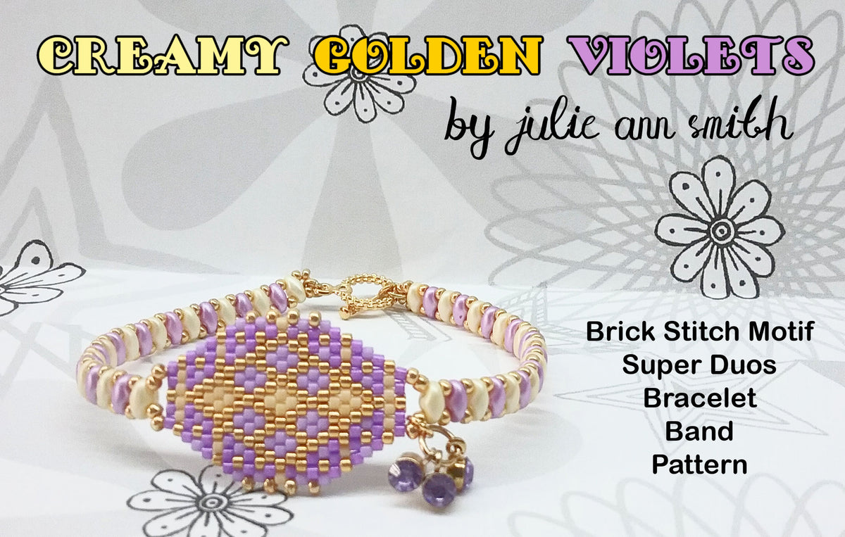 CREAMY GOLDEN VIOLETS Brick Stitch Motif Super Duos Bracelet Band